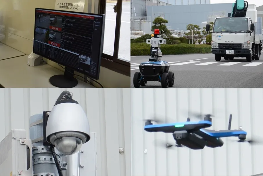 AI画像認証による車両の入退管理、車両誘導する自動走行ロボット、巡視点検に使うドローン、監視用の高精細カメラの写真