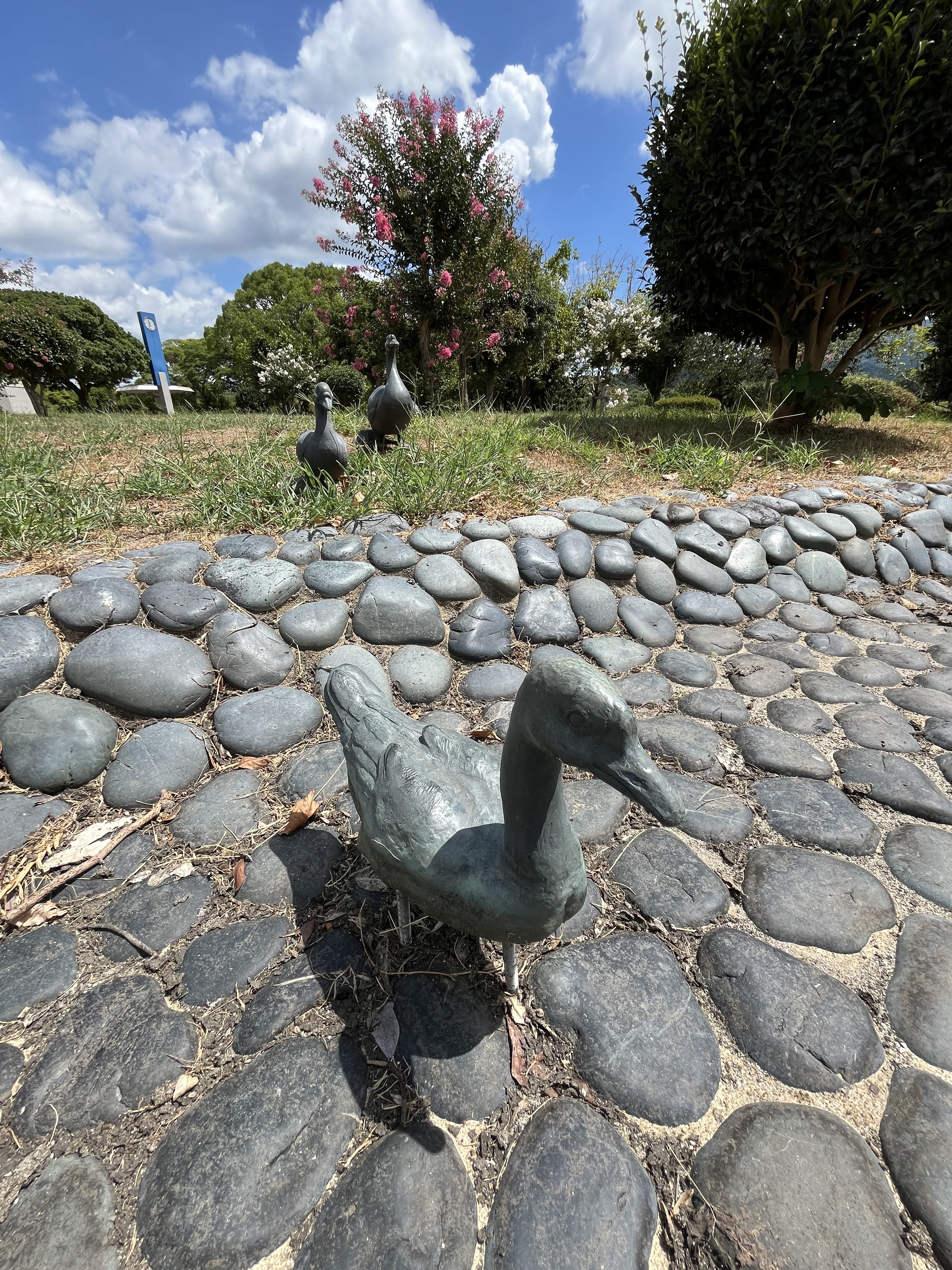 駕与丁（かよいちょう）公園のアヒルの青銅像の写真